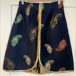 Milly Brown (European Designer) navy skirt with gold, red, green paisley design.